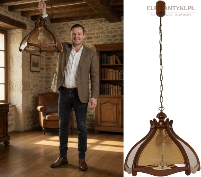 Rustykalny żyrandol dębowy vintage z Francji